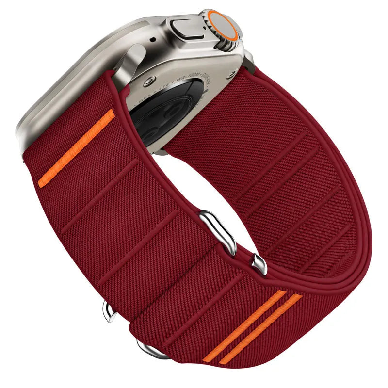 Elastic nylon Apple Watch replacement band with stainless steel buckle shown in multiple colour options.