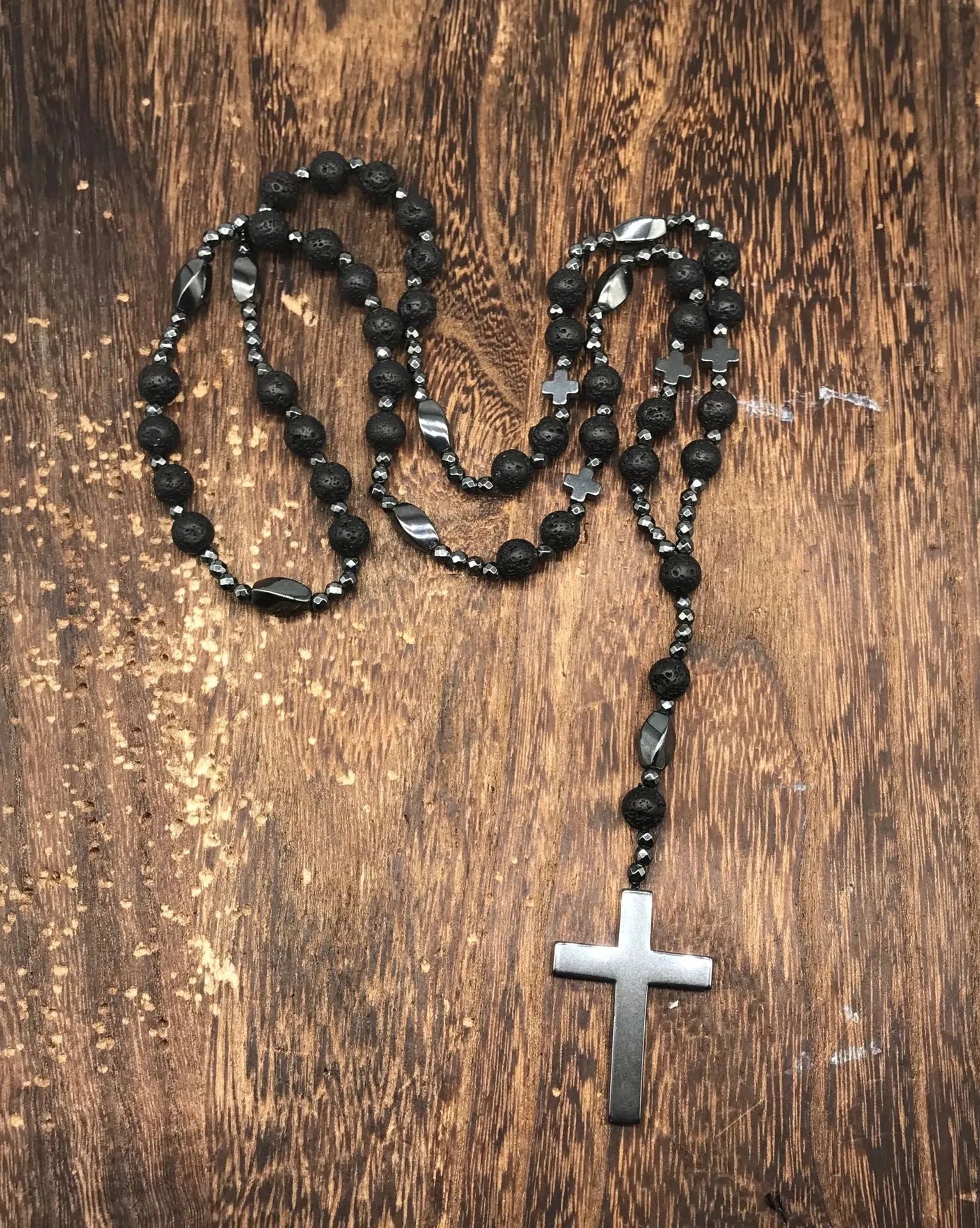 Men's stone cross pendant necklace on an 80cm ball bead chain with a safety lock.