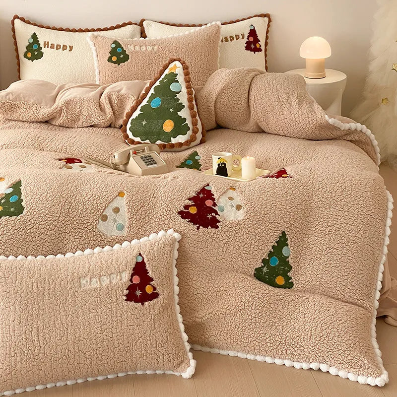 Bright yellow fleece-lined cartoon animation Christmas bedding four-piece set on a bed