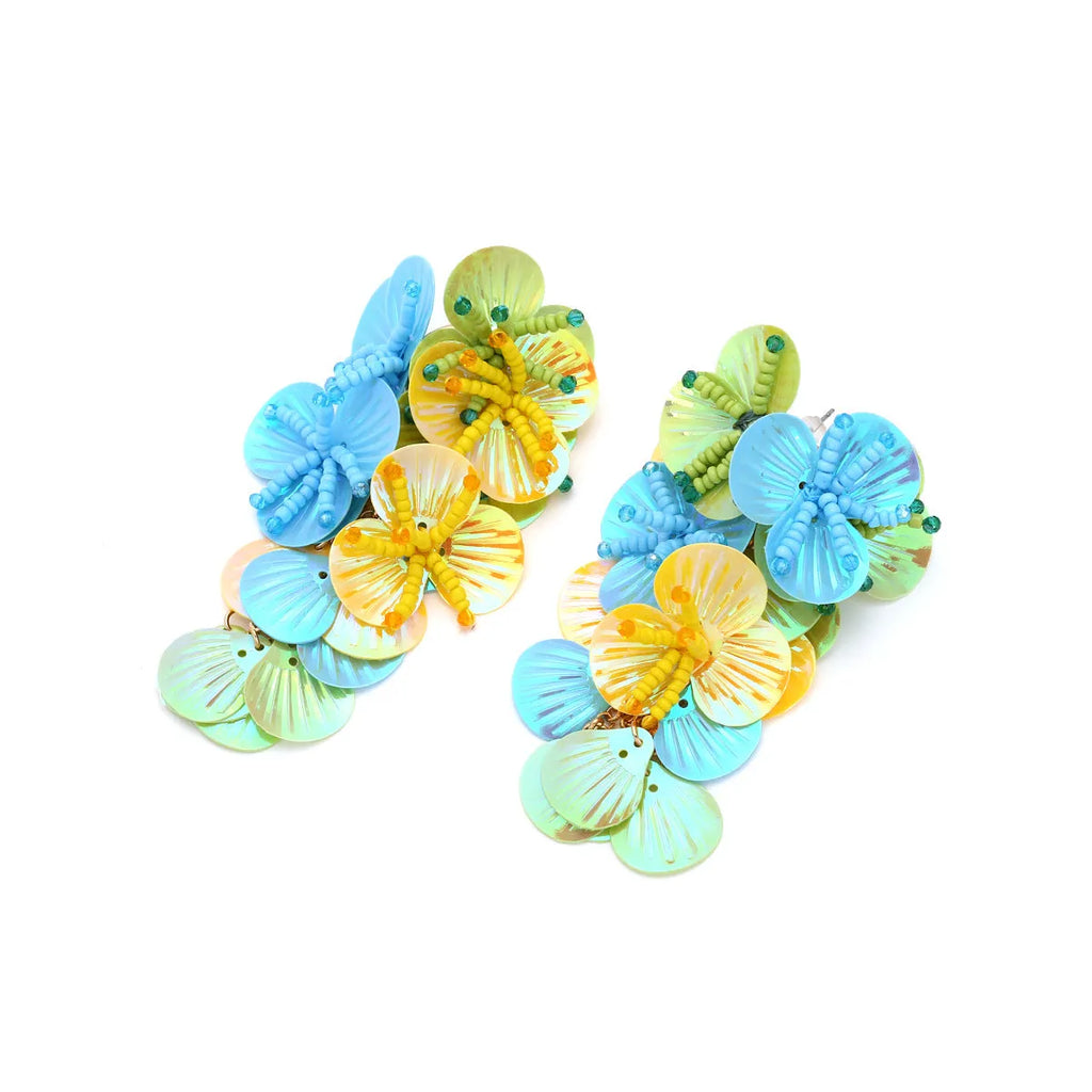 Handmade string bead flower earrings with exaggerated dopamine design in European and American style