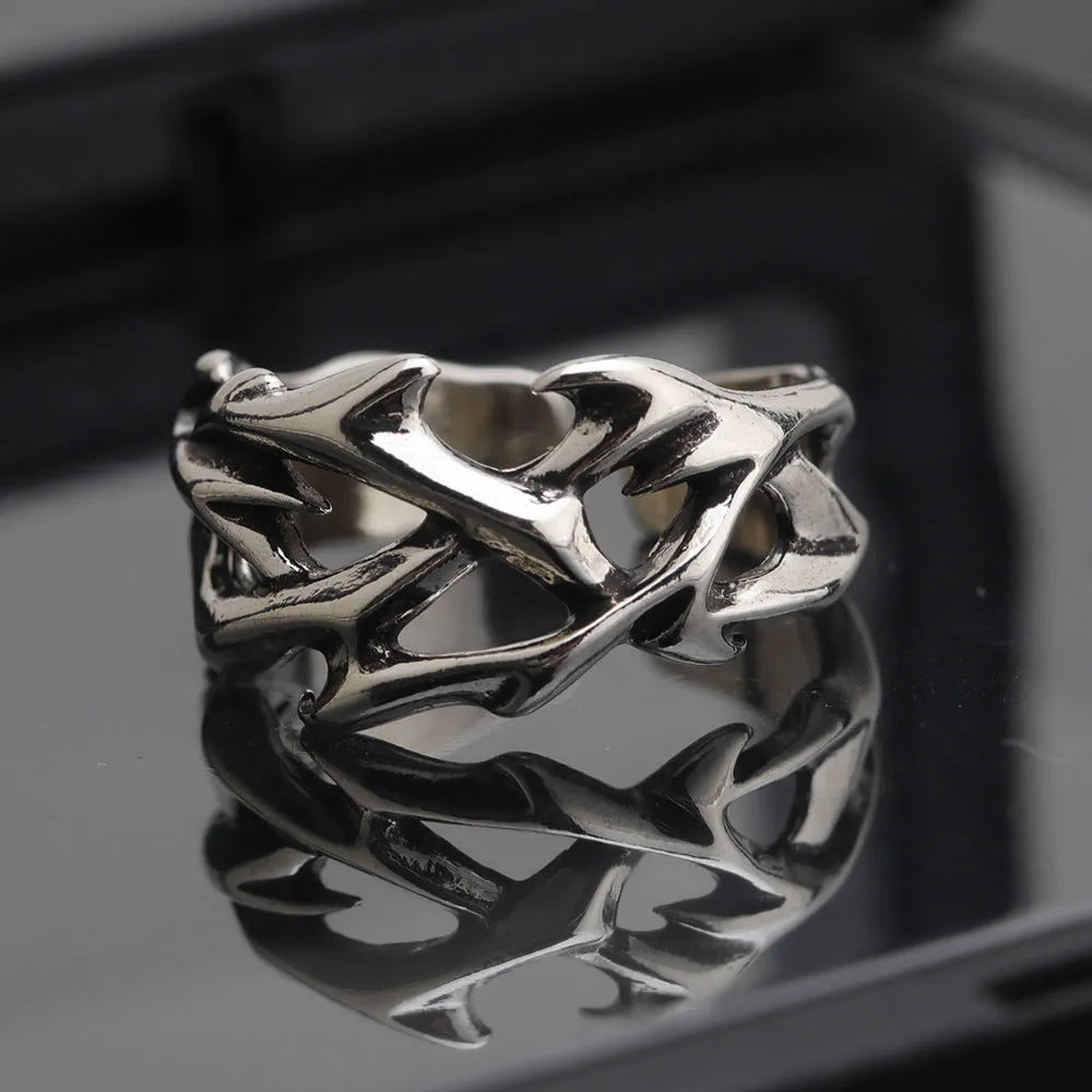 Copper thorn flower ring with geometric design and adjustable opening for unisex wear