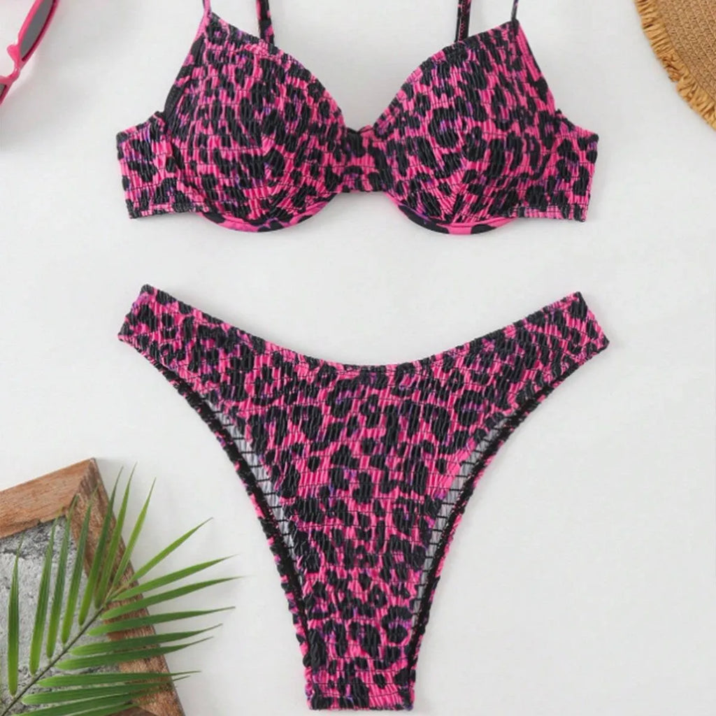 Leopard point backless bikini swimsuit in brown and red mixed colours, sizes S M L