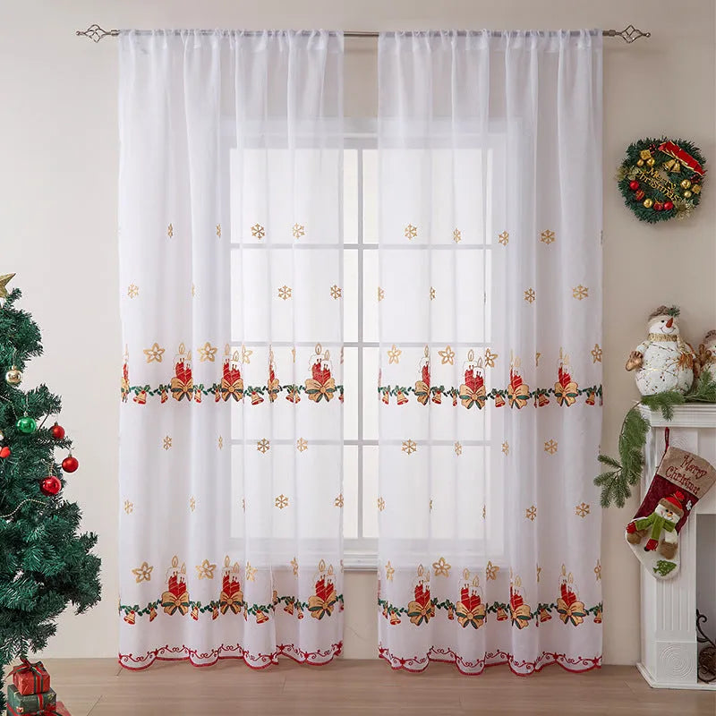 Pair of American-style Christmas curtains with white snowflake embroidery on red polyester fabric.