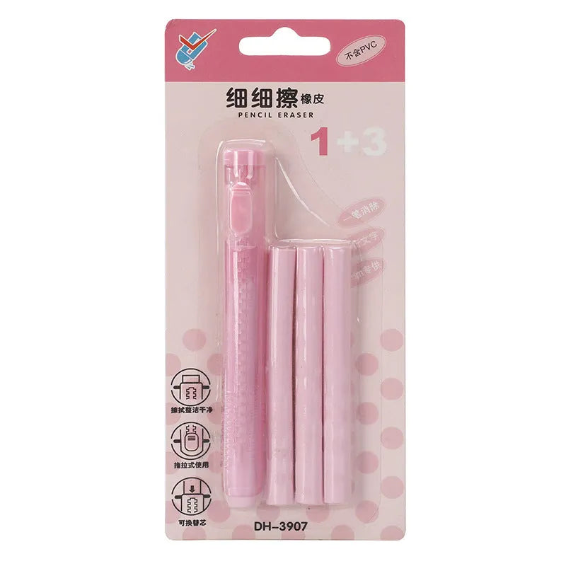 Children's automatic push eraser in four colour options showing compact 12x8cm size