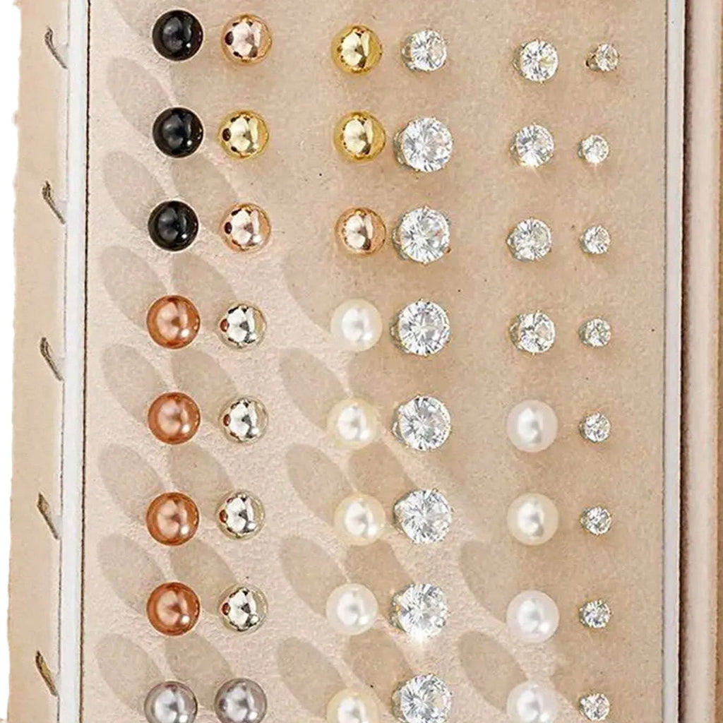 108 gold and yellow geometric alloy pearl earrings arranged in a set.