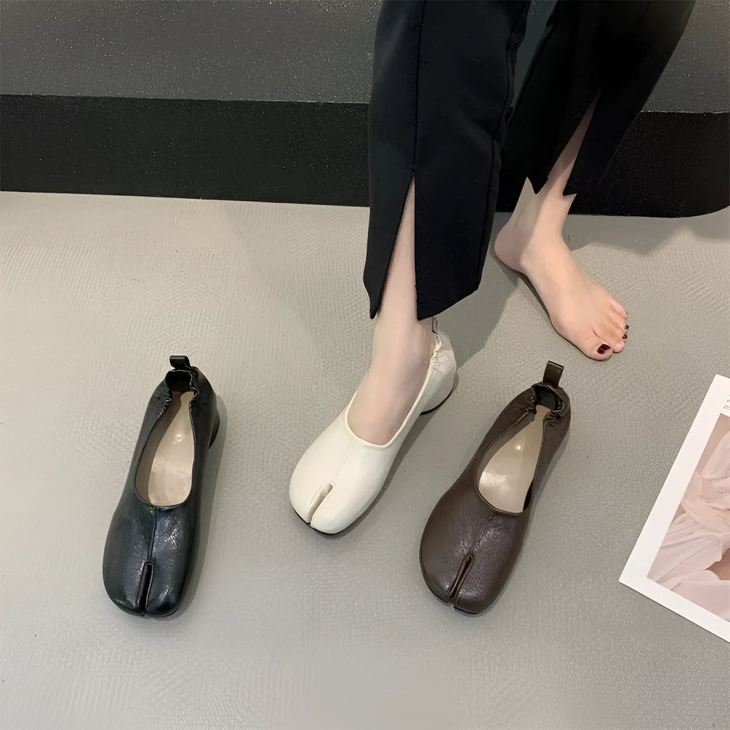 Women's split toe horseshoe design low chunky heel pumps in black, apricot, and brown colours