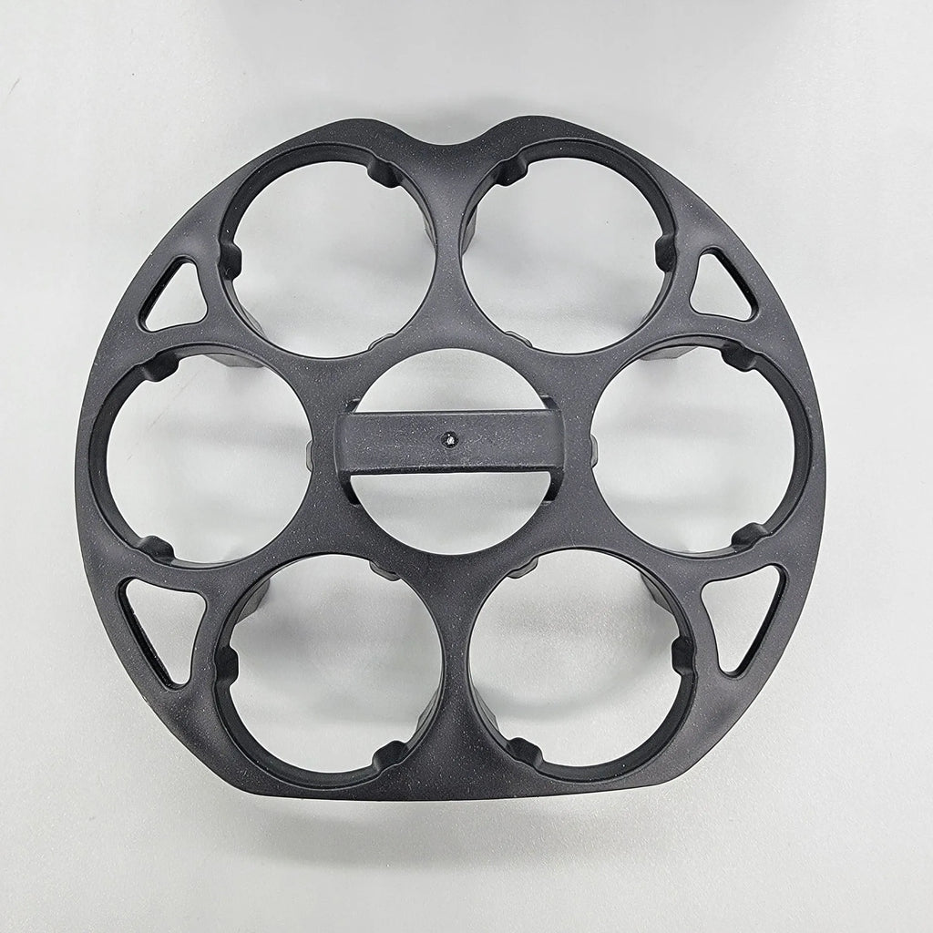 Black plastic egg holder basket with retainer, dimensions 13.8 by 12.6 cm.