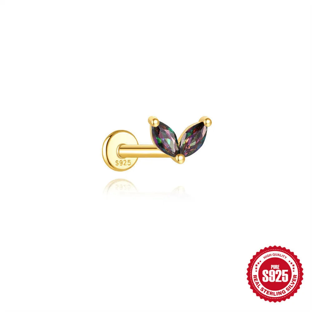 S925 sterling silver flat head thread piercing earring with a rainbow stone in a geometric shape.