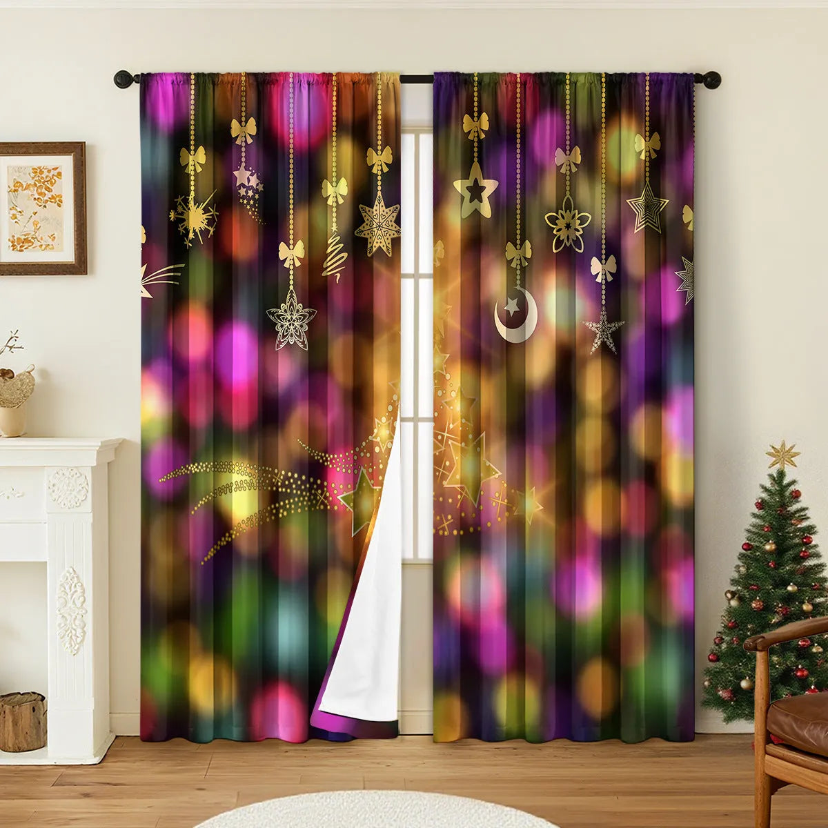 A pair of 3D digitally printed Christmas-themed curtains made from polyester fabric.