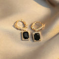 Geometric quadrilateral copper earrings with black zircon stones in French court retro style