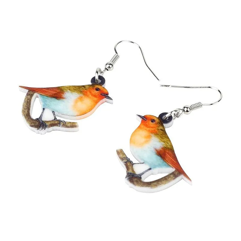 Acrylic blue titmouse pendant earrings with snake charm detail and printed animal design