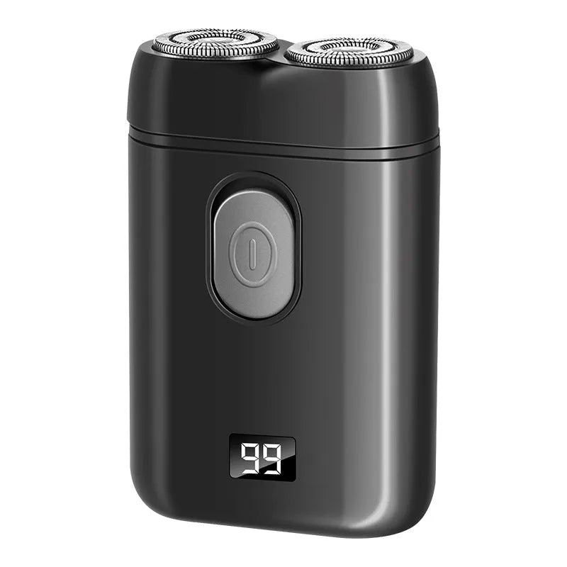 Rechargeable electric shaver in black with floating cutter heads and LED display