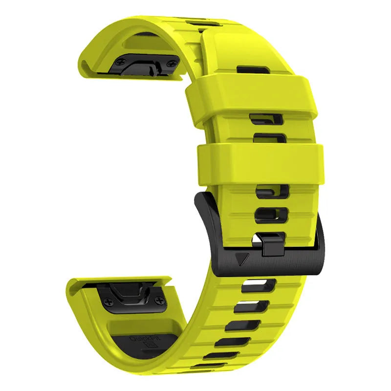 Two-tone quick release silicone watch strap for Garmin Fenix watches in 22mm and 26mm widths.
