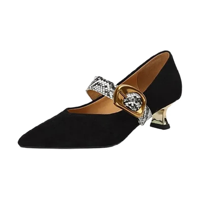 Women's black pointed toe high heels with a buckle and stiletto heel on a white background.