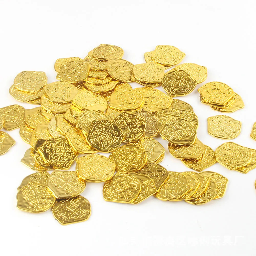 Pile of 100 bronze plastic Roman replica coins with electroplated finish for pirate props