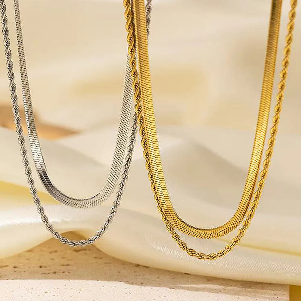 Retro geometric double-layer twist necklace with snake bones chain and adjustable length