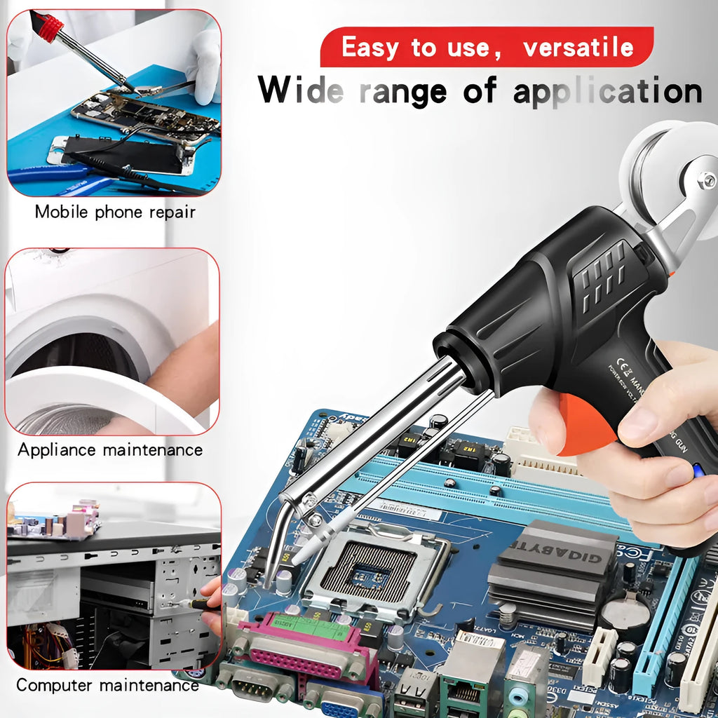 Black soldering gun kit with LED light, alloy construction, medium standard size