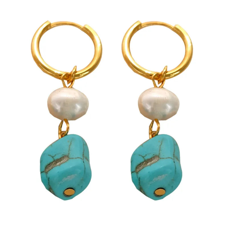 Geometric copper ear clips with irregular turquoise stones and cultured pearls in two length styles