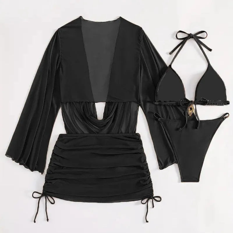 Women's lace-up backless swimsuit bikini in dark brown or black nylon spandex fabric