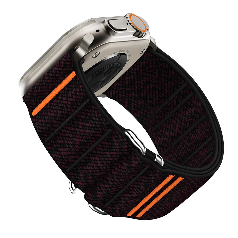 Elastic nylon Apple Watch replacement band with stainless steel buckle shown in multiple colour options.