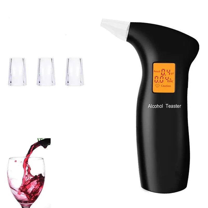 Portable orange light breath alcohol tester with replaceable mouthpieces on orange colour box