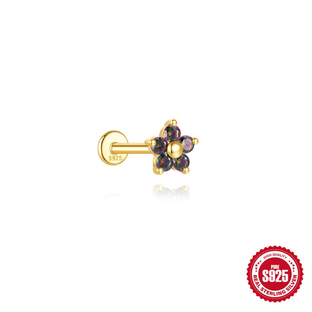 S925 sterling silver flat head thread piercing earring with a rainbow stone in a geometric shape.