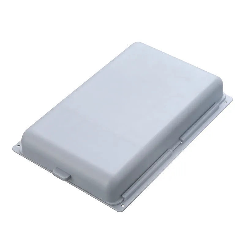 White plastic adhesive under desk storage drawer box with a lid and internal divider grid for organisation.