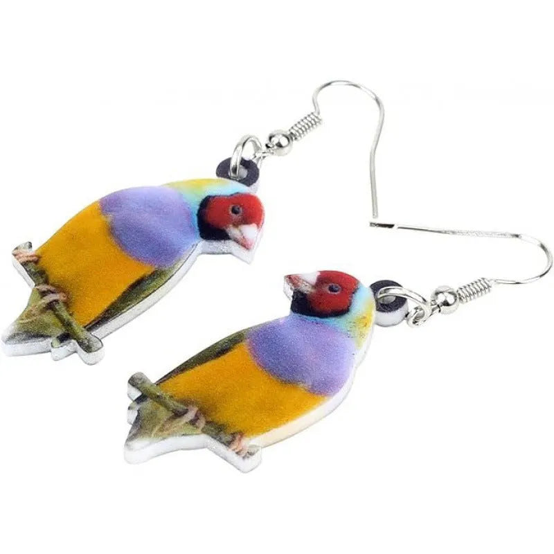 Acrylic blue titmouse pendant earrings with snake charm detail and printed animal design
