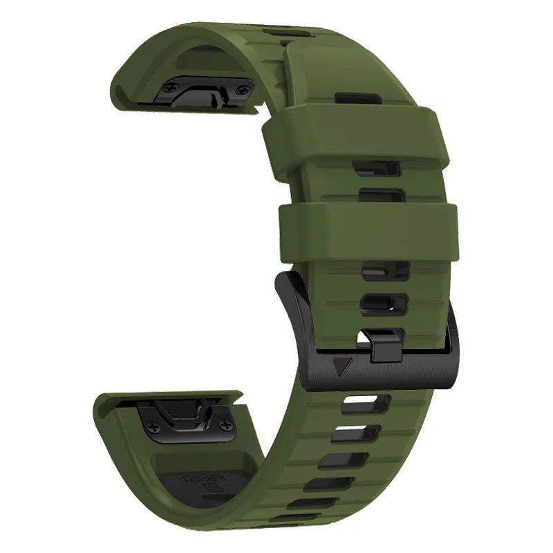 Two-tone quick release silicone watch strap for Garmin Fenix watches in 22mm and 26mm widths.