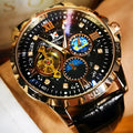 Men's black and rose gold automatic mechanical watch with hollow skeleton dial visible