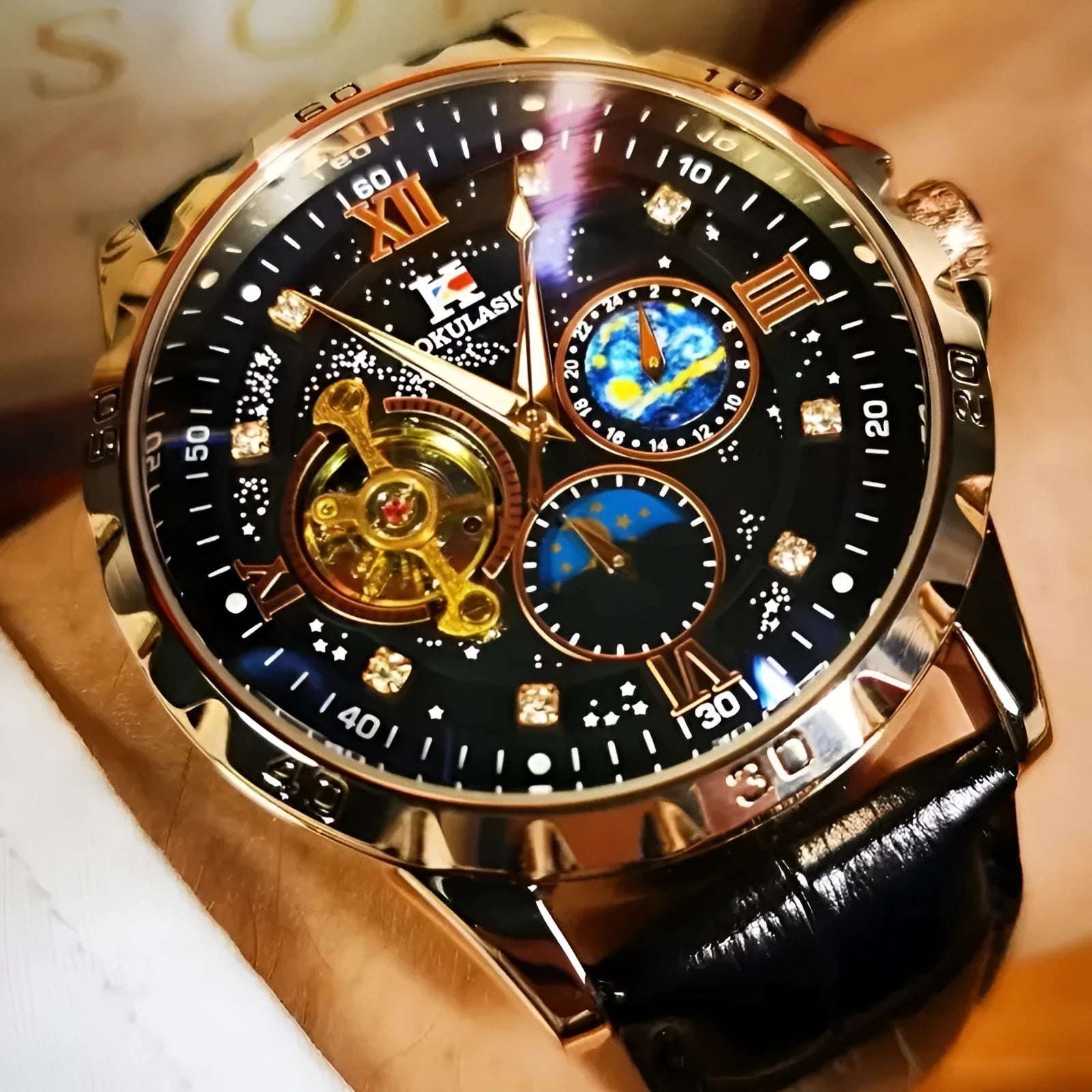 Men's black and rose gold automatic mechanical watch with hollow skeleton dial visible