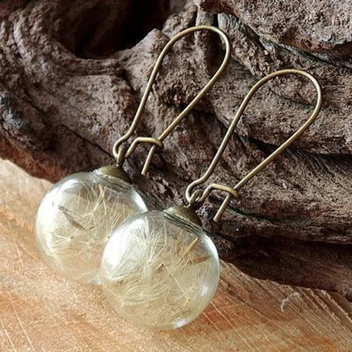 Transparent glass ball earrings with dandelion design and French hook options in silver and bronze finishes