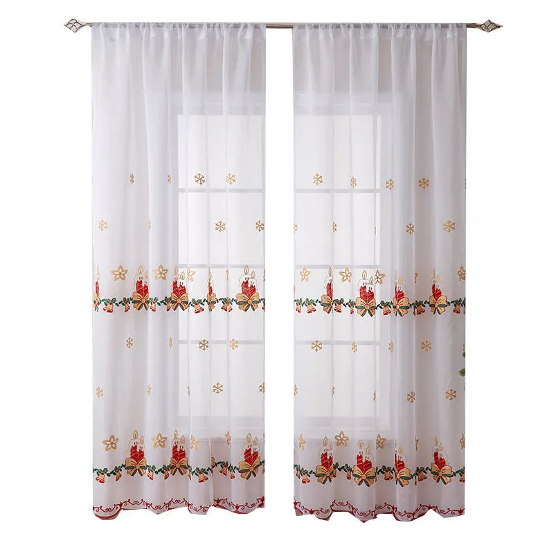Pair of American-style Christmas curtains with white snowflake embroidery on red polyester fabric.