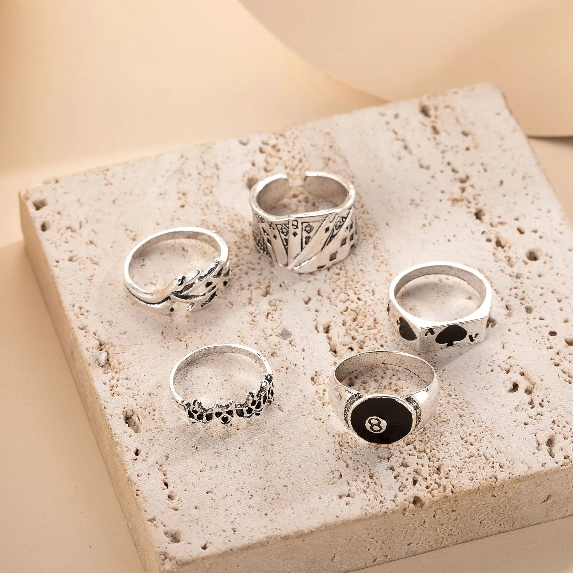 Black alloy ring with detailed retro spade playing card design