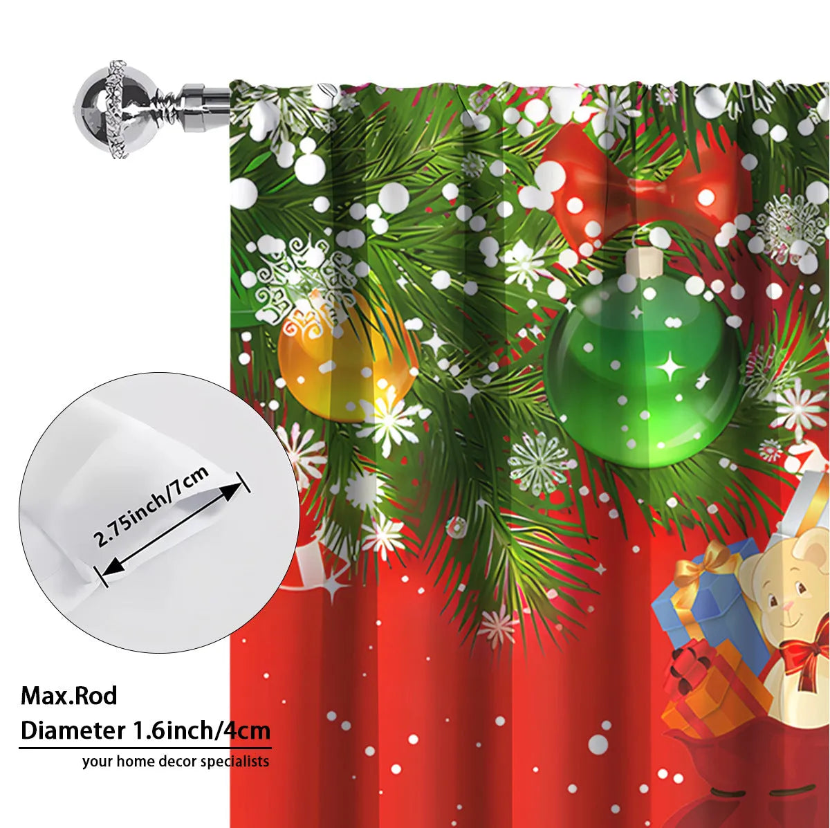 A pair of 3D digitally printed Christmas curtains with a modern festive pattern, hung on a window.
