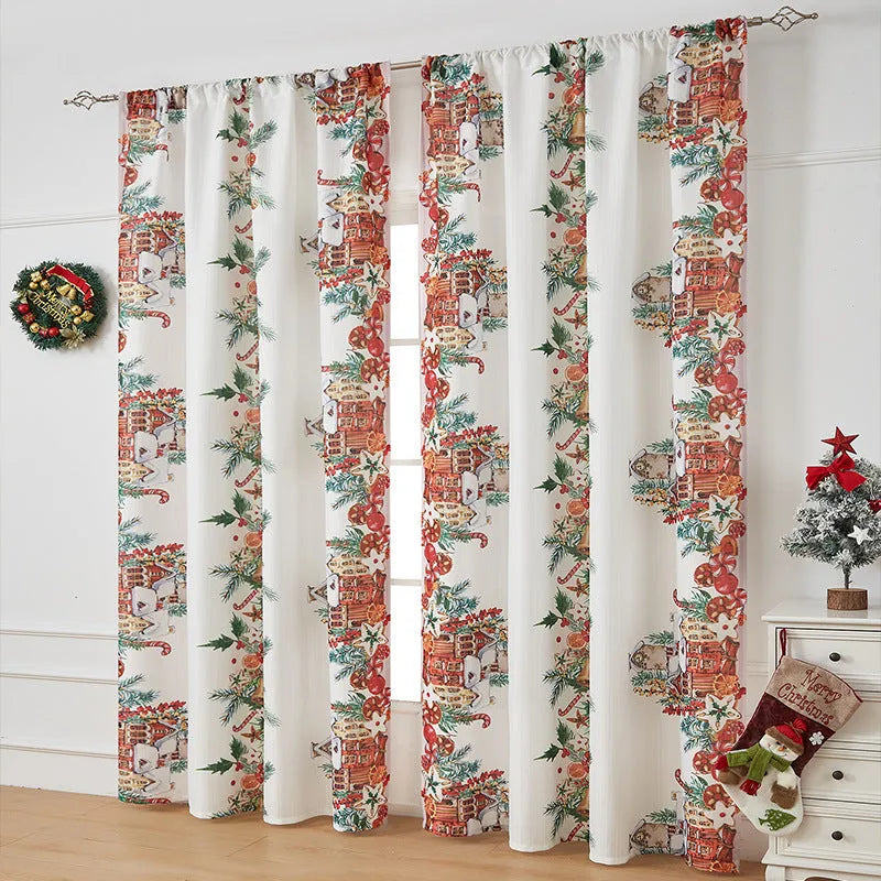 American-style rectangular Christmas printed polyester curtain showing red plaid design with semi-sunshade function