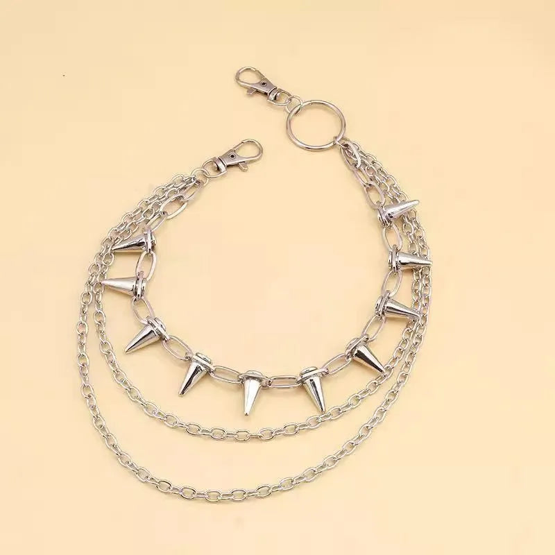 Silver double-layer metal pants chain with rivet details, shown at full 115cm length.