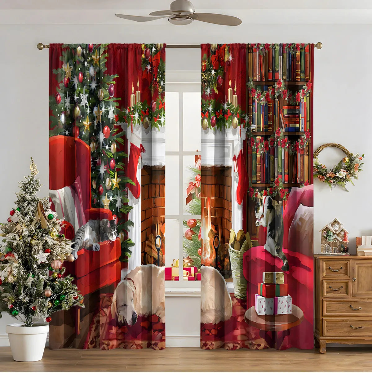 A pair of 3D digitally printed Christmas curtains with a modern festive pattern, hung on a window.