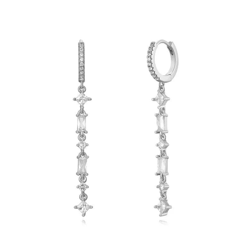 Sterling silver needle geometric U-shaped ear clip with micro-inlaid colourful zircon stones and tassel design.
