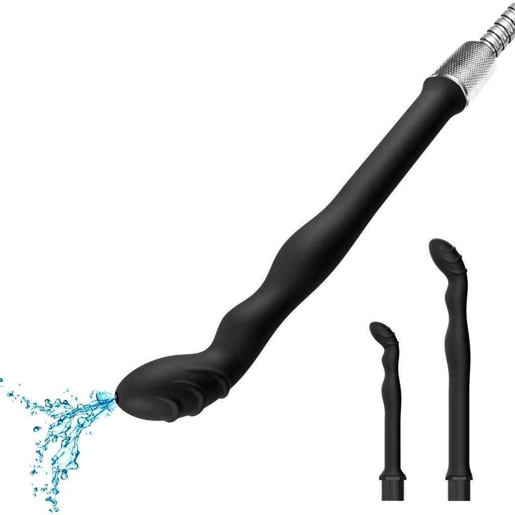 Black silicone hosepipe flusher for enema procedures shown in large and small size options