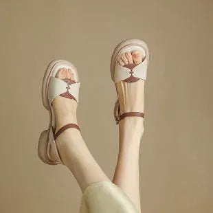 Women's chunky heel platform sandals with open toe in khaki or milky white colours