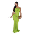 Women's one shoulder pleated dress in milk silk polyester fabric, available in green, orange and white colours