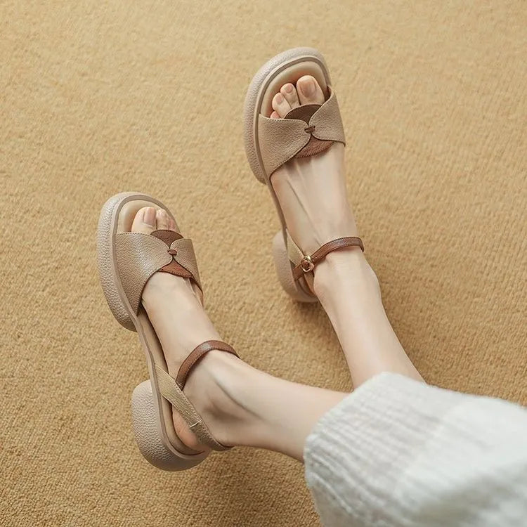 Women's chunky heel platform sandals with open toe in khaki or milky white colours