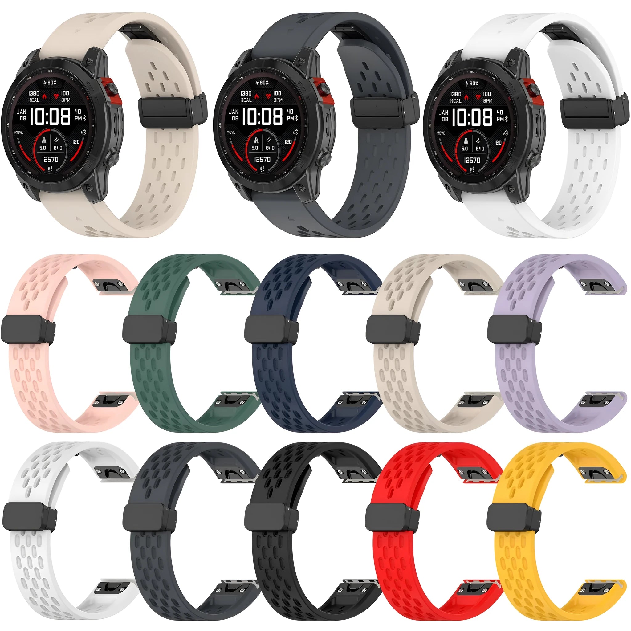 Jiaming Fenix quick release watch strap in multiple colours showing 20mm, 22mm, and 26mm width options.