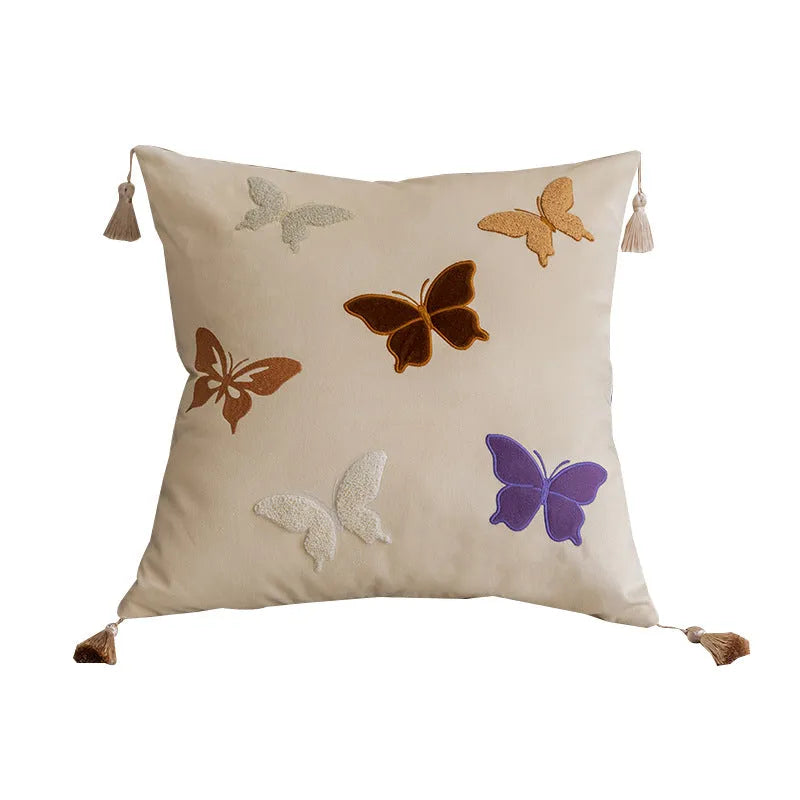 Square decorative cushion with butterfly embroidery in Chinese style, colours beige black purple, 45x45cm size.