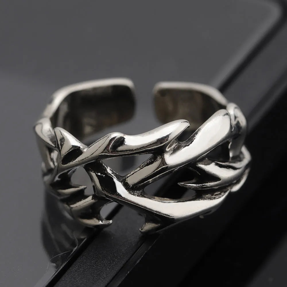 Copper thorn flower ring with geometric design and adjustable opening for unisex wear
