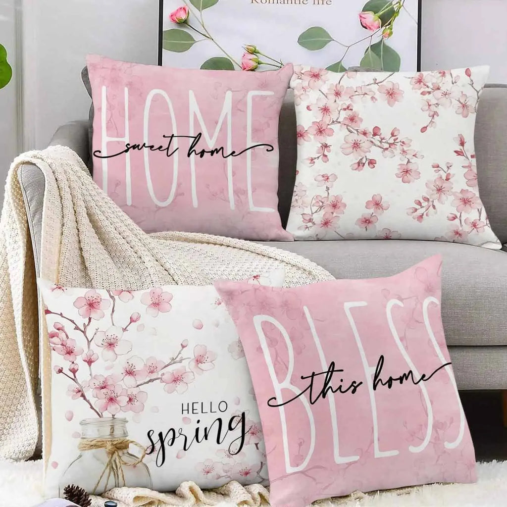 Square cherry blossom letter patterned cushion cover on a sofa, short velvet fabric.