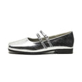 Women's silver sheepskin leather ballet flats with a cross buckle strap and round toe, shown on a plain background.