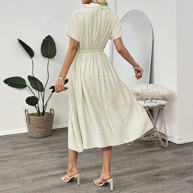 Light green women's shirt dress with a lapel collar, waist tie belt, and a chest pocket.