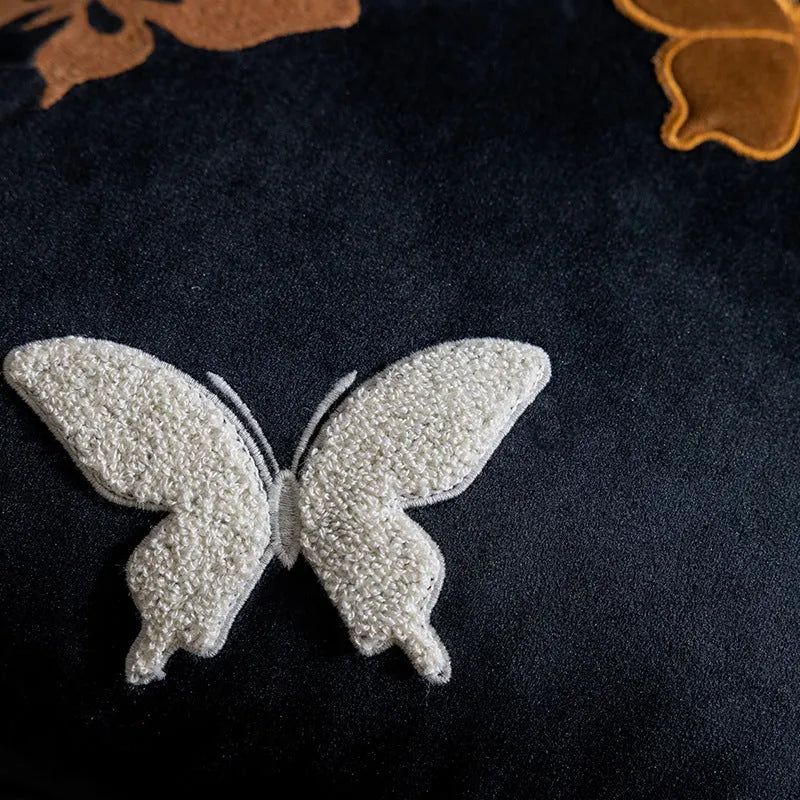 Square decorative cushion with butterfly embroidery in Chinese style, colours beige black purple, 45x45cm size.